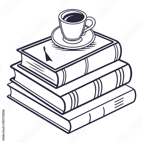 Stack of Books with Cup of Coffee Illustration, Black and White Line Art