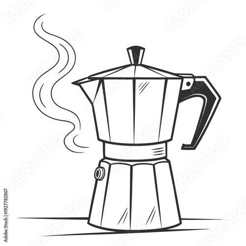 Steaming Moka Pot Illustration with Handle and Spout