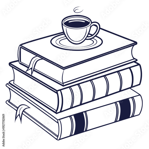 Stack of Three Books with Cup of Coffee on Top, Black and White Line Art