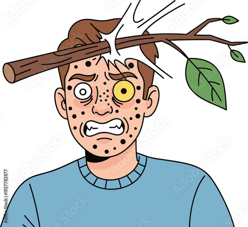 Man with swollen face after bee stings and branch hitting head isolated on white background cartoon illustration