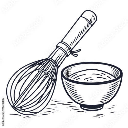 Hand Drawn Whisk and Bowl Illustration for Baking and Mixing