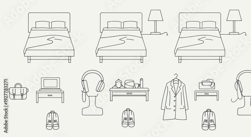 Minimalist line art icons of bedroom and everyday objects.