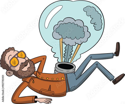 Relaxed bearded man smoking hookah with large smoke cloud isolated on white background cartoon illustration