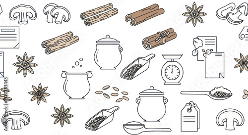 Seamless pattern of culinary ingredients and cooking tools line art illustration