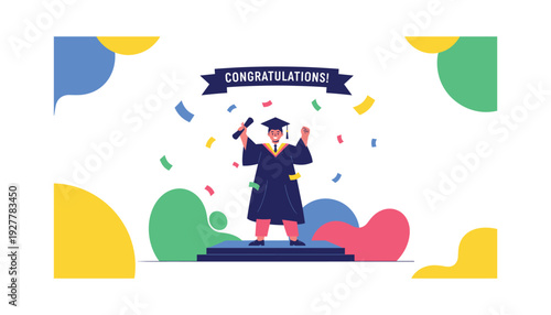 Young graduate celebrating academic success with colorful confetti