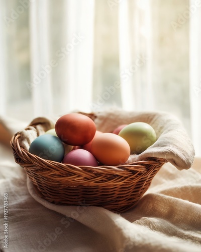 Wallpaper Mural Dyed pastel eggs placed in a woven basket lined with fabric near a bright window in natural daylight. Torontodigital.ca