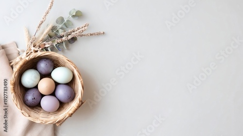 Wallpaper Mural Top view of pastel dyed eggs in a woven basket with dried plants and fabric on a clean neutral surface. Torontodigital.ca