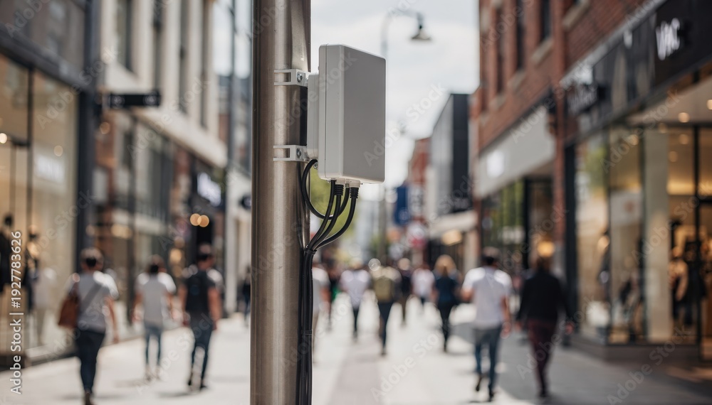 Fototapeta premium Medium shot of a 5G small cell attached to a lamppost on a bustling shopping street with blurred pedestrians and storefronts in the background.