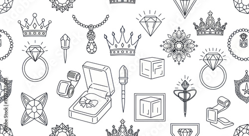 Seamless pattern of jewelry and gemstones in outline style.