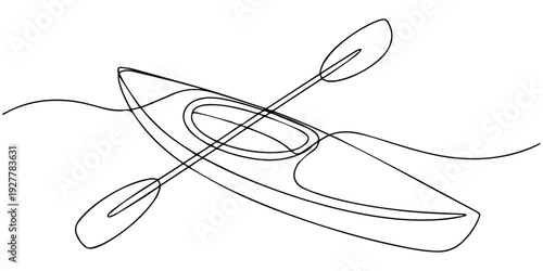 Single continuous line drawing canoe trails and rafting club with kayaking equipment. Vintage mountain, rafting, kayaking, paddling, canoeing camping. One line draw graphic design vector illustration