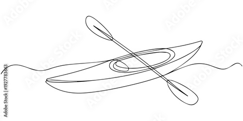Single continuous line drawing canoe trails and rafting club with kayaking equipment. Vintage mountain, rafting, kayaking, paddling, canoeing camping. One line draw graphic design vector illustration