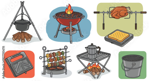 Collection of barbecue and camping cooking equipment illustrations.