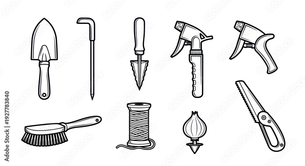 Fototapeta premium Collection of various black and white gardening tools and supplies icons.