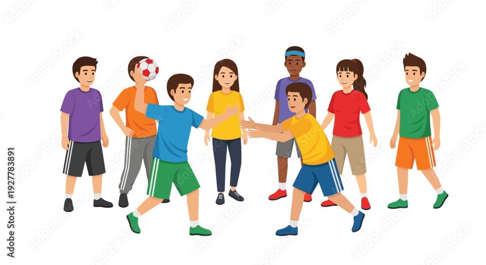 Obraz premium Group of diverse children playing an active ball game together, with two boys in the foreground engaged in throwing and catching, illustrating teamwork and fun.