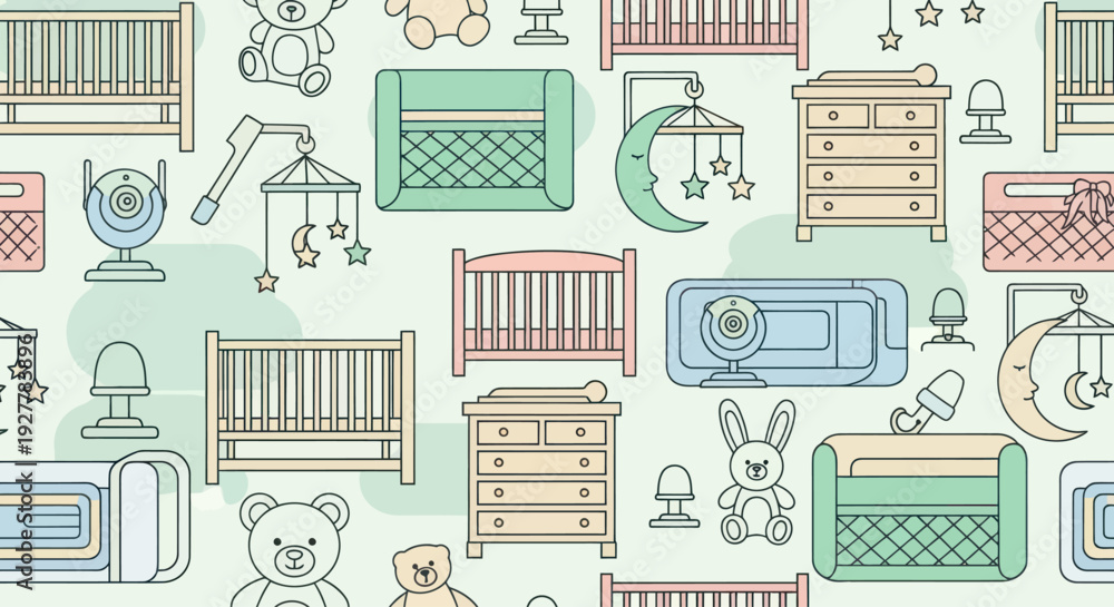 Fototapeta premium Cute baby items seamless pattern in soft pastel colors