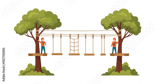 Two people on platforms in an adventure rope course between two large trees, featuring various suspended obstacles like planks and a net bridge.