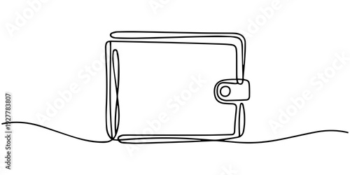 Minimalist continuous line drawing of a leather wallet on white background. No editable stroke