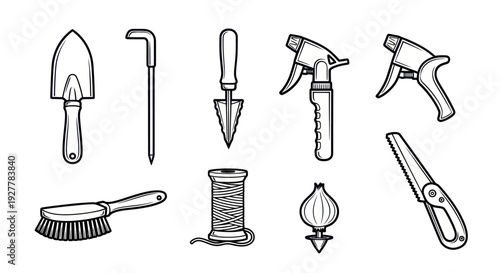 Collection of various black and white gardening tools and supplies icons.