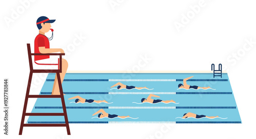 A lifeguard supervises multiple swimmers practicing in a multi-lane swimming pool.