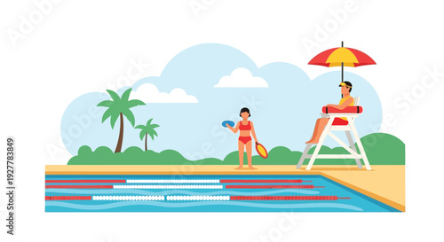 A vibrant illustration of a swimming pool scene with a lifeguard on duty and a swimmer preparing to enter the water, surrounded by tropical palm trees.