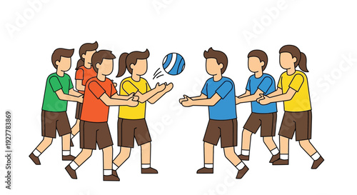 Children playing a team ball game, actively engaged in throwing and catching during a sports activity.