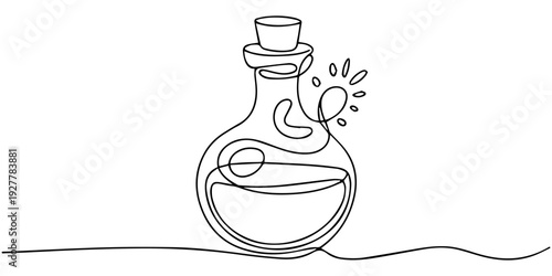 Continuous one line drawing of a magical potion bottle with stars, minimalist black line art illustration on white background