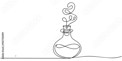 Continuous one line drawing of a magical potion bottle with stars, minimalist black line art illustration on white background