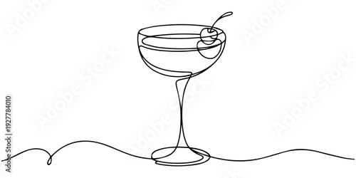 Cocktail in one continuous line drawing. One line Bar, restaurant, menu concept. Outline Drink.  Vector illustration