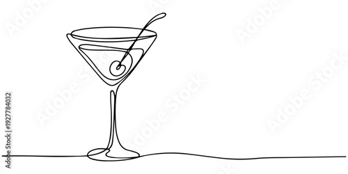 Cocktail in one continuous line drawing. One line Bar, restaurant, menu concept. Outline Drink.  Vector illustration