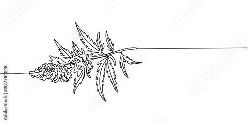 continuous one line drawing Single large cannabis leaf in a minimalist style on a bold red background, creating a dynamic vibe