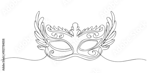 Mardi gras carnival feather mask drawing single continuous line art purple green and yellow color, Continuous line drawing of Mardi Gras Carnival mask. One line art. Vector illustration, masquerade.