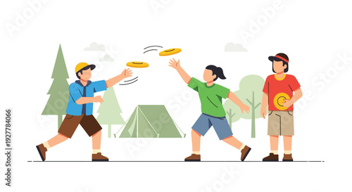 Three young people playing frisbee outdoors in a park with trees and a tent in the background, enjoying a leisure activity.