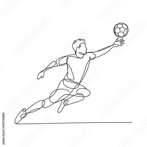 Continuous line drawing of a soccer player leaping to head a ball