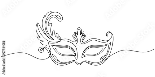 Mardi gras carnival feather mask drawing single continuous line art purple green and yellow color, Continuous line drawing of Mardi Gras Carnival mask. One line art. Vector illustration, masquerade.