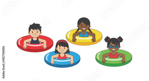 Four diverse children happily floating in colorful inner tubes, enjoying summer fun.