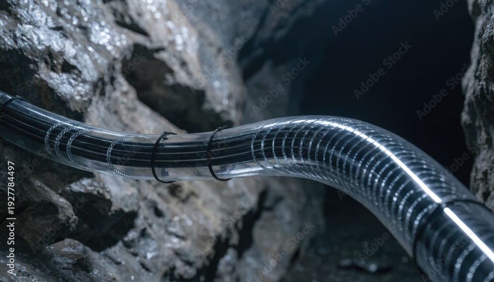 Fototapeta premium Focused medium shot of smart cable sheath with strain sensors installed inside a tunnel sensor elements clear against dimly lit outoffocus surroundings.