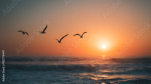 Seagulls flying over ocean at sunset