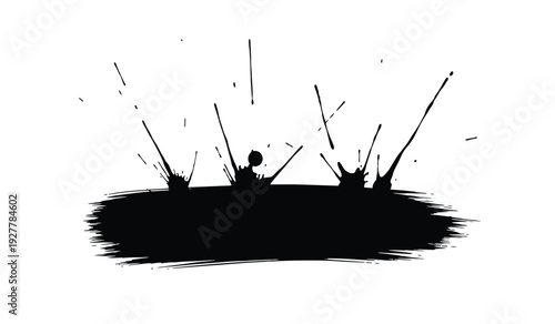 Black silhouette of a splattered ink or paint on a with dynamic splashes and streaks around