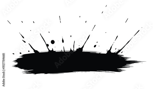 A black ink splatter on a pure with dynamic splashes and droplets