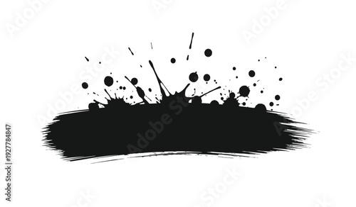 Black ink splatter with dynamic brush strokes and droplets