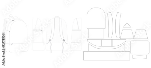 Backpack Technical Drawing with Front Back Side Views and Pattern Pieces Vector Template