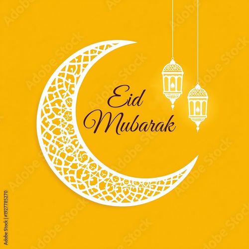 Clean and modern Eid Mubarak graphic with a white crescent moon and simple lantern icons on a bright yellow background.