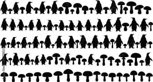 A pattern of various black mushroom silhouettes on white background