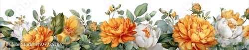 Watercolor floral border, featuring vibrant orange and white blooms with green foliage