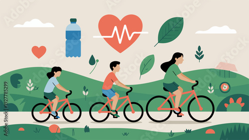 Happy People Cycling in Nature with Heart Symbol, Healthy Lifestyle Illustration