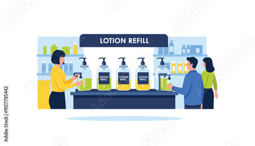 People refilling lotion bottles at a modern station