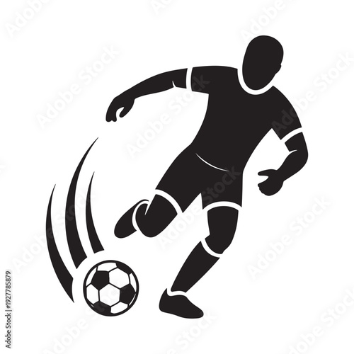 A black silhouette of a soccer player dynamically kicking a ball