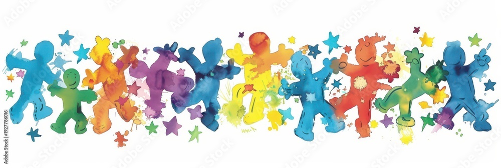 Fototapeta premium Vibrant autism awareness design with colorful figures and stars. World ADHD Awareness Day. Mental health concept. Attention deficit hyperactivity disorder. Horizontal banner. Copy space