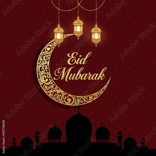 Luxurious Golden Ornamental Crescent Moon with Lanterns and Mosque Silhouette on Red Background