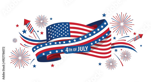 4th of July patriotic icon set with fireworks and American flag